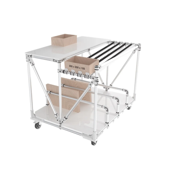 Stoly pre e-commerce sú vyrobené z trubkového systému s pracovnou i úložnou plochou a valčekovým dopravníkom. Trubky môžu byť z čierneho alebo šedého hliníka, prípadne oceľové. Na obrázku je ilustračná zostava stola.