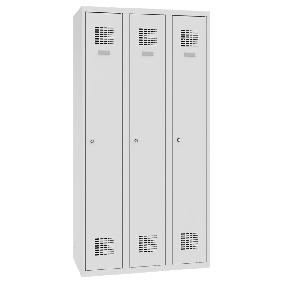 Šatňová skriňa 3-dverová Sum 330 W je štandardný kovový šatník šírky 900 mm. Skriňa je uzamykateľná a dodáva sa s 2 kľúčmi pre každé dvere. Vnútorné vybavenie zahŕňa policu v hornej časti oddelenia, tyč s dvoma háčikmi na zavesenie oblečenia, samolepiace zrkadlo, menovku a háčik.