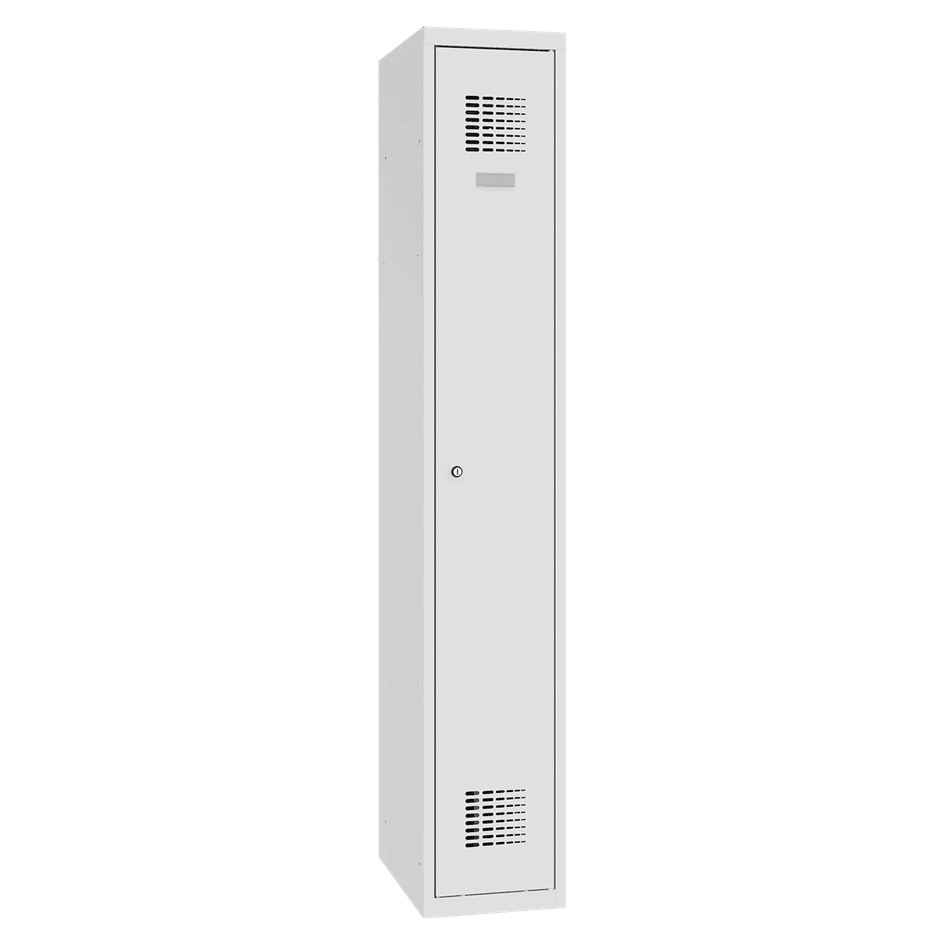 Šatňová skriňa 1-dverová Sum 310 W je štandardný kovový šatník šírky 300 mm. Skriňa je uzamykateľná a dodáva sa s 2 kľúčmi pre každé dvere.